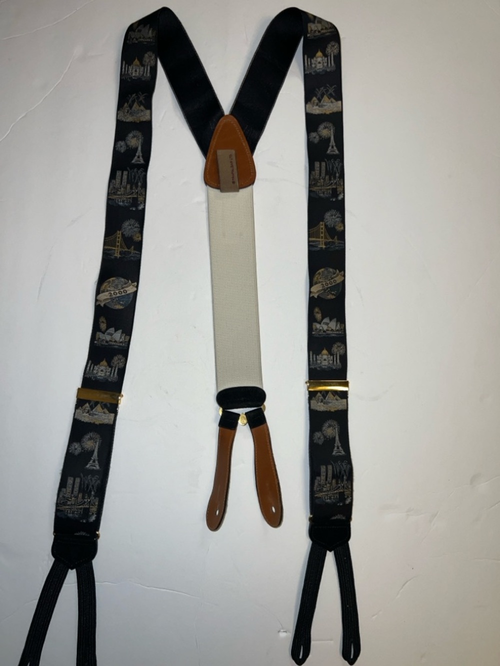 Trafalgar Black Patterned Suspenders with Brown Leather Accents